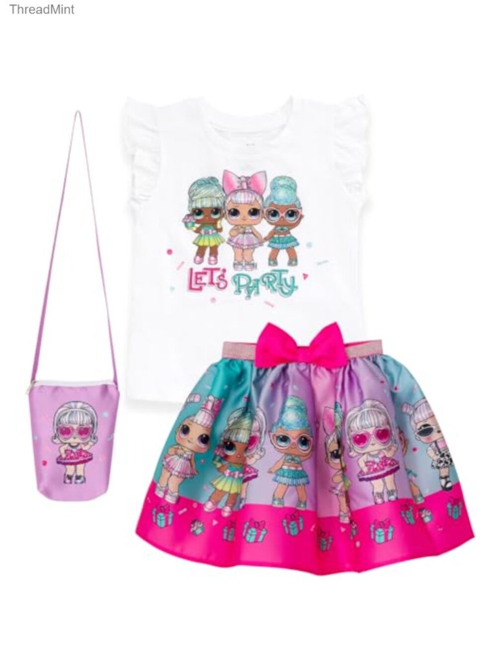 Girls 3-Piece Graphic Tee Skirt & Pocketbook Outfit Set